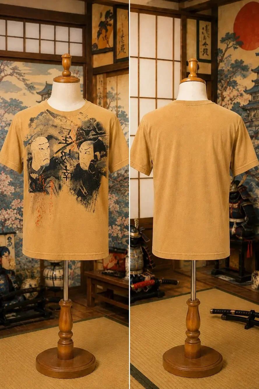 C-Life Japanese Samurai Graphic T-Shirt Tan Beige Size Medium